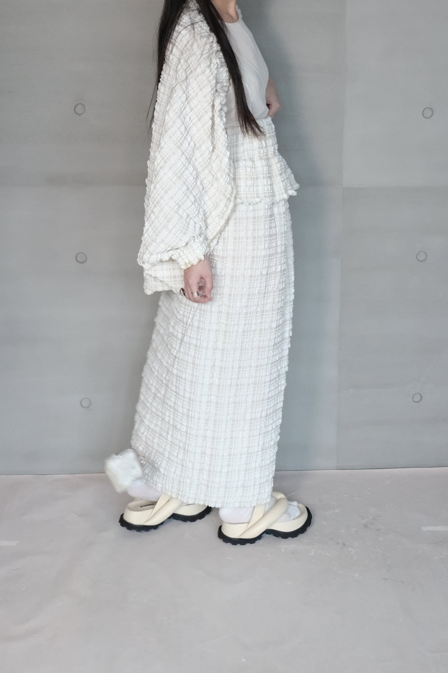 textured check bubble skirt - yellow