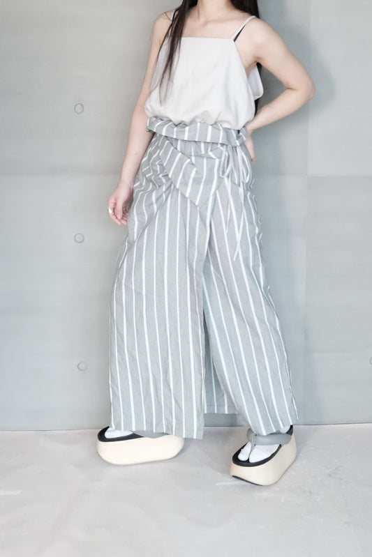 asymmetric folded layer strap dress - grey stripe （in-stock)