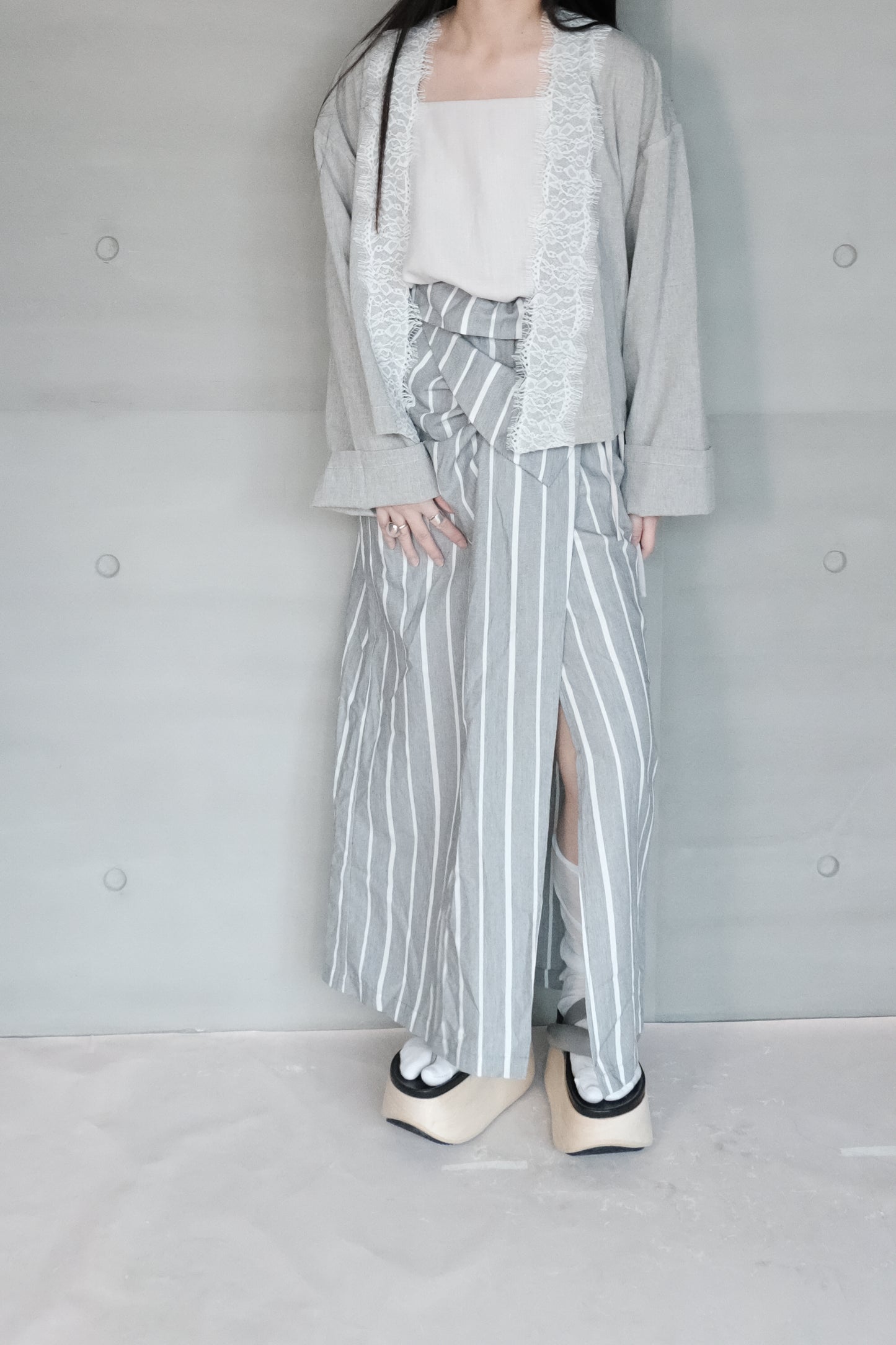 asymmetric folded layer strap dress - grey stripe （in-stock)