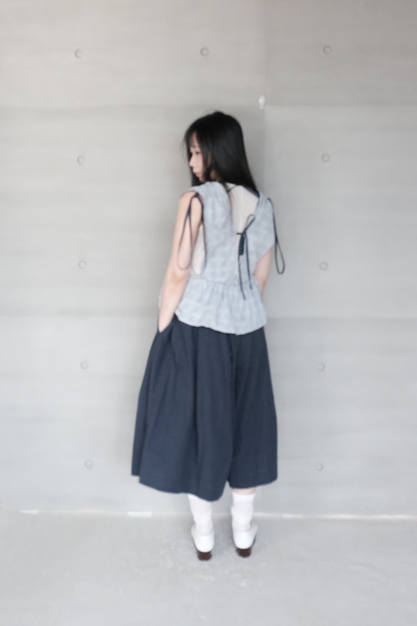 cropped linen-cotton wide pants - navy (pre-order)