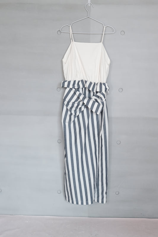 asymmetric folded layer strap dress - blue & beige stripe （in-stock)