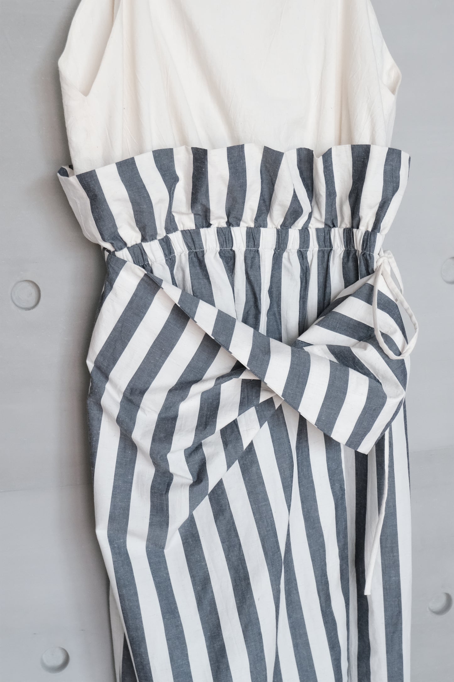 asymmetric folded layer strap dress - blue & beige stripe （in-stock)