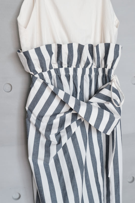 asymmetric folded layer strap dress - blue & beige stripe （in-stock)