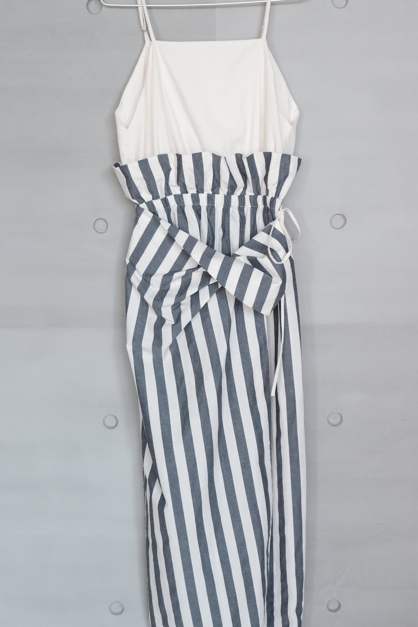 asymmetric folded layer strap dress - blue & beige stripe （in-stock)
