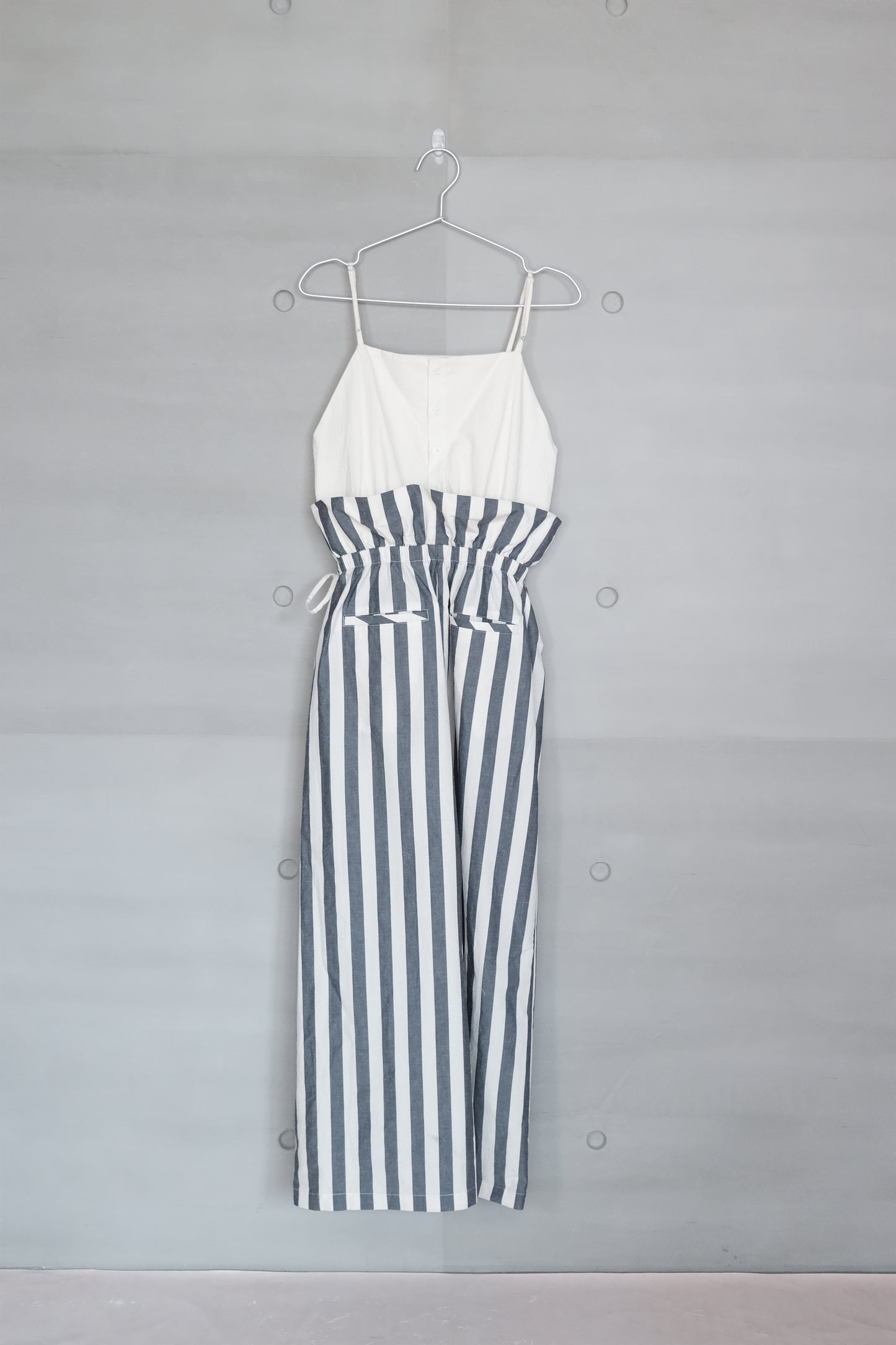 asymmetric folded layer strap dress - blue & beige stripe （in-stock)
