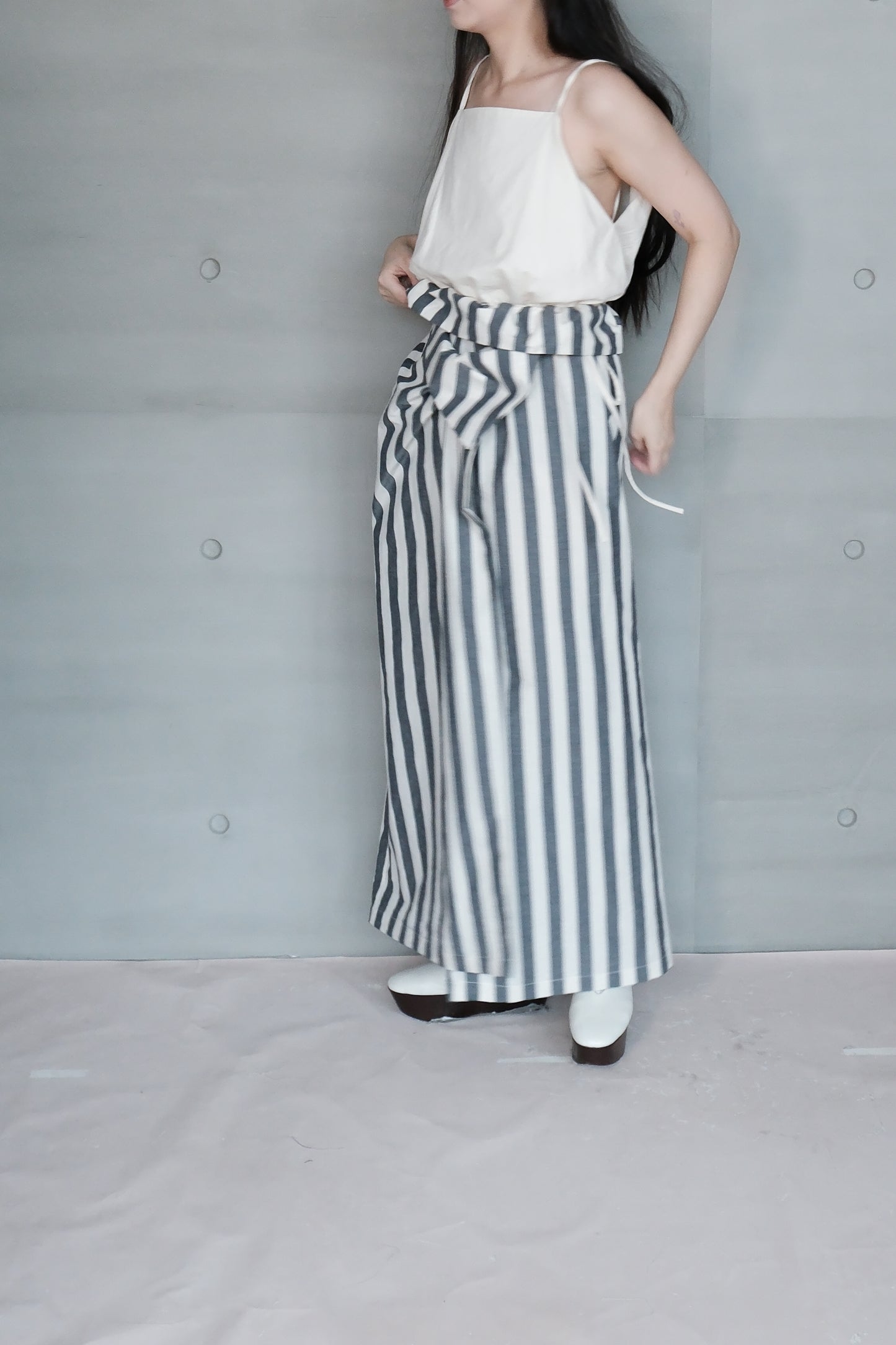 asymmetric folded layer strap dress - blue & beige stripe （in-stock)