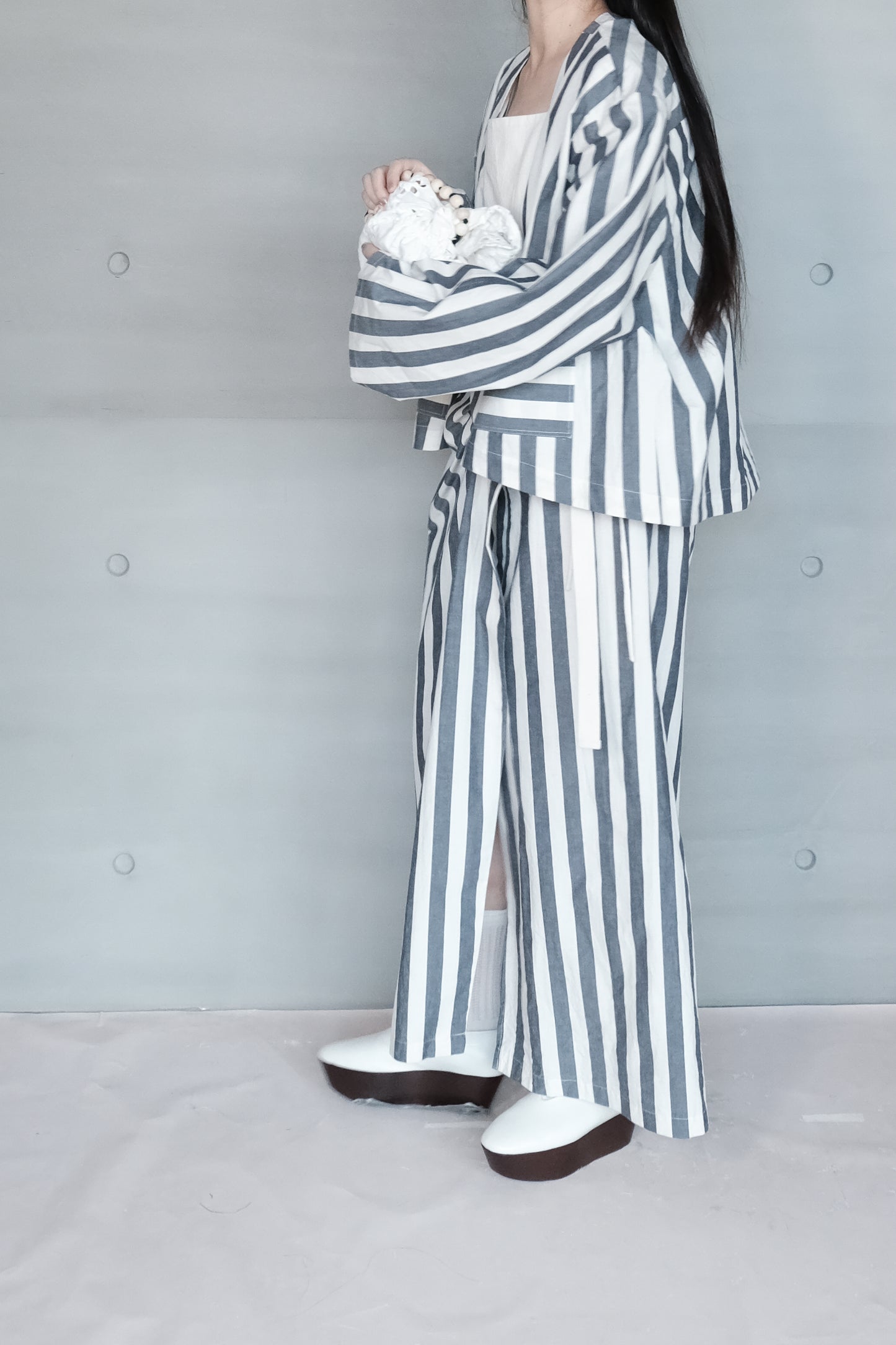 asymmetric folded layer strap dress - blue & beige stripe （in-stock)