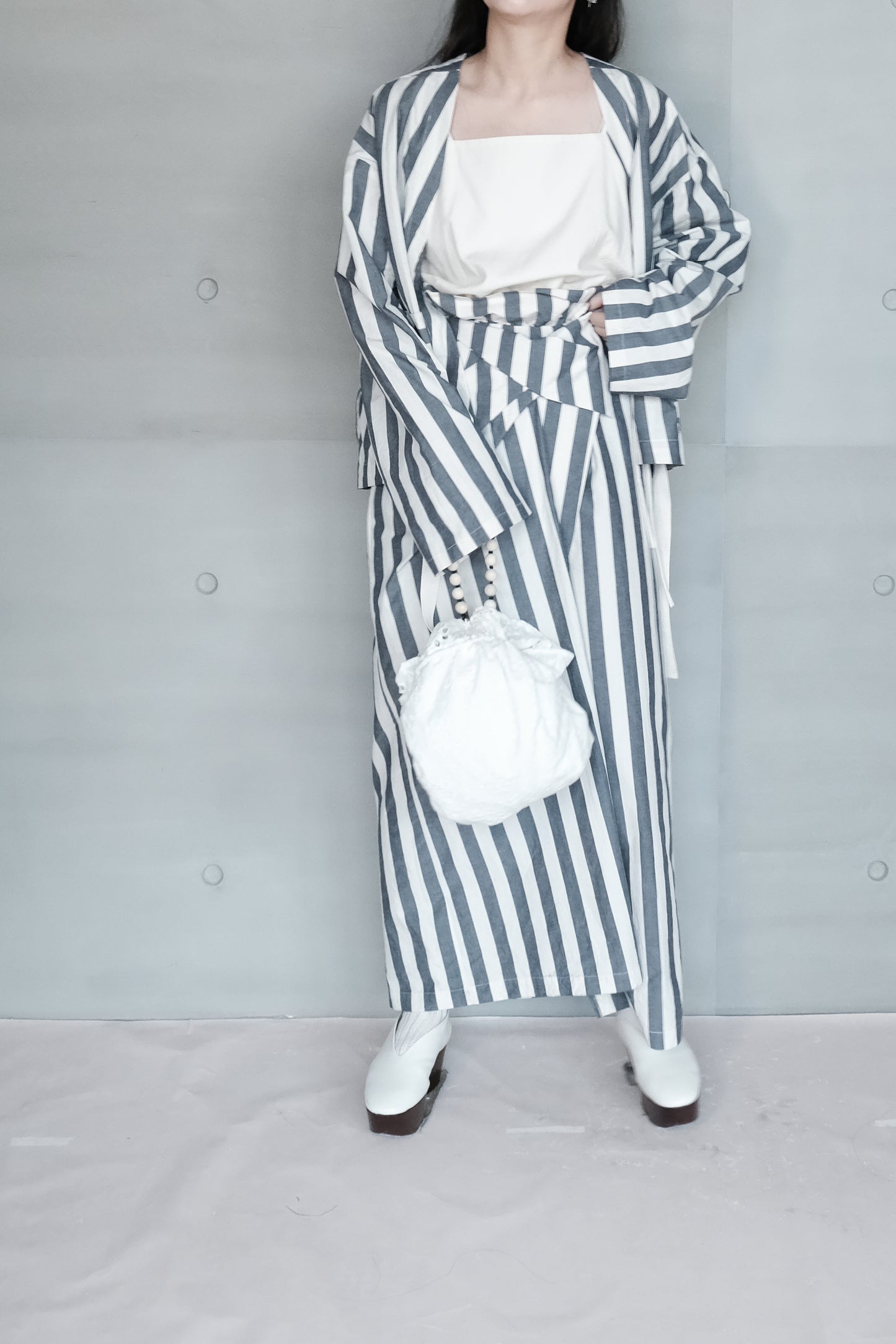 asymmetric folded layer strap dress - blue & beige stripe （in-stock)