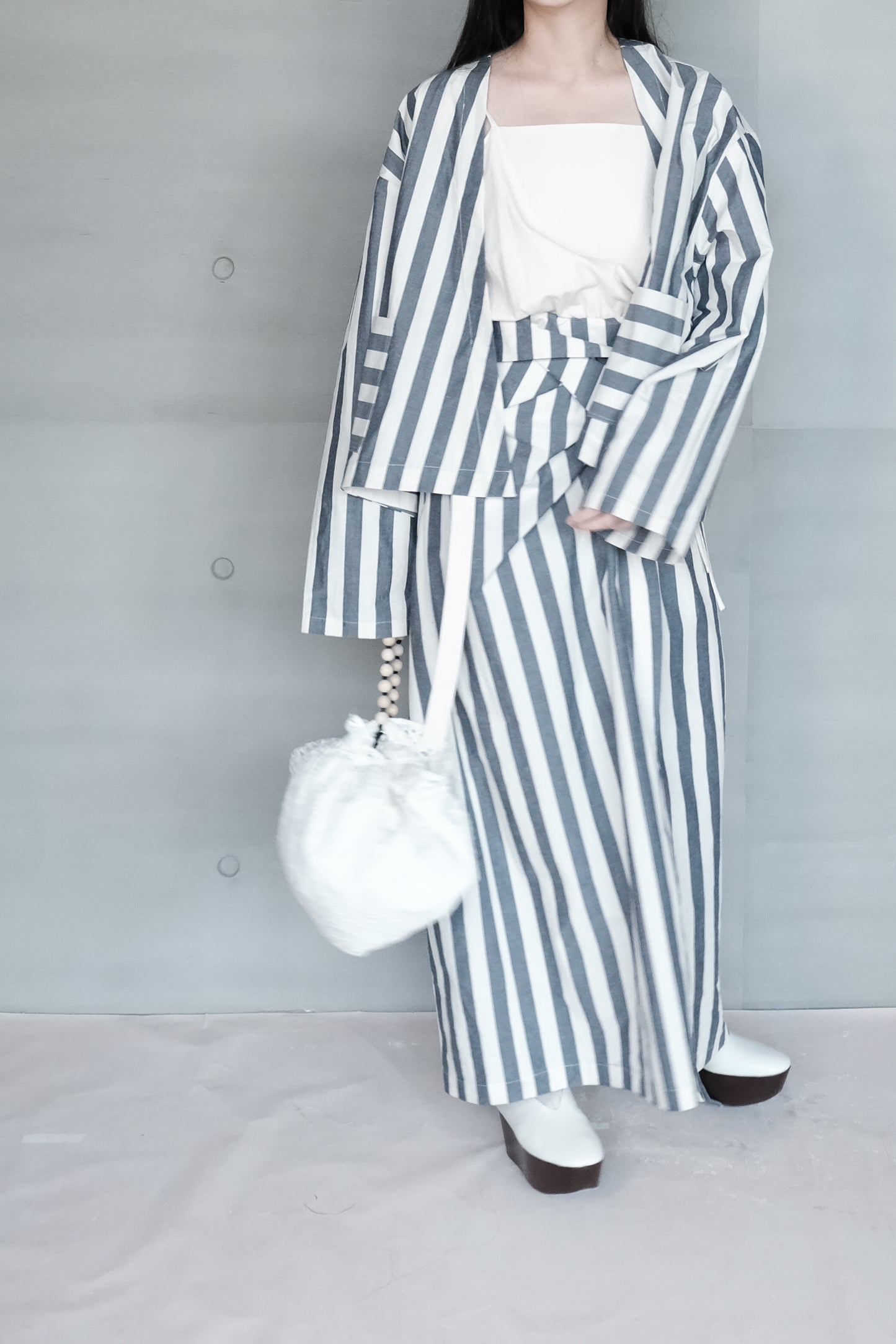 asymmetric folded layer strap dress - blue & beige stripe （in-stock)