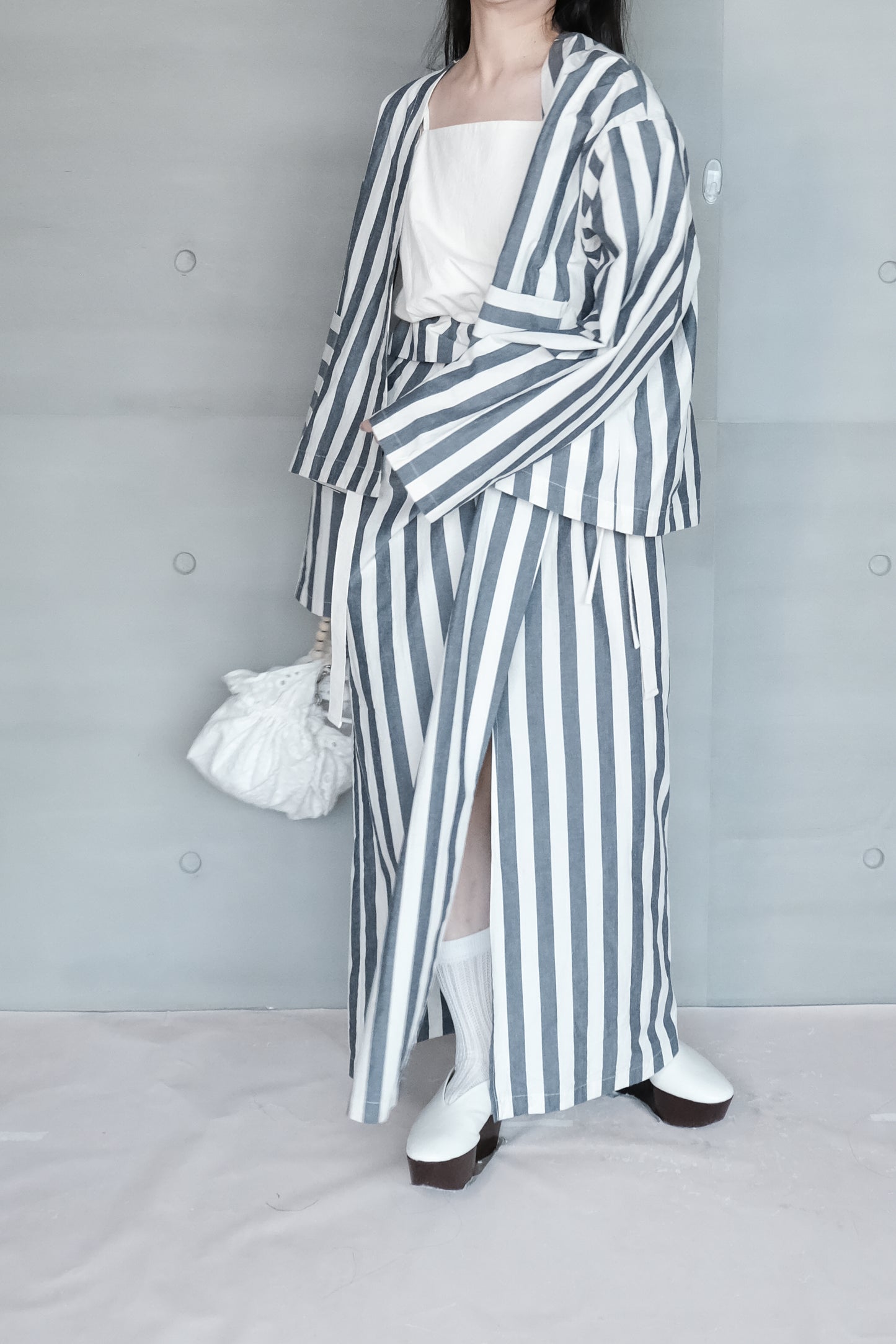asymmetric folded layer strap dress - blue & beige stripe （in-stock)