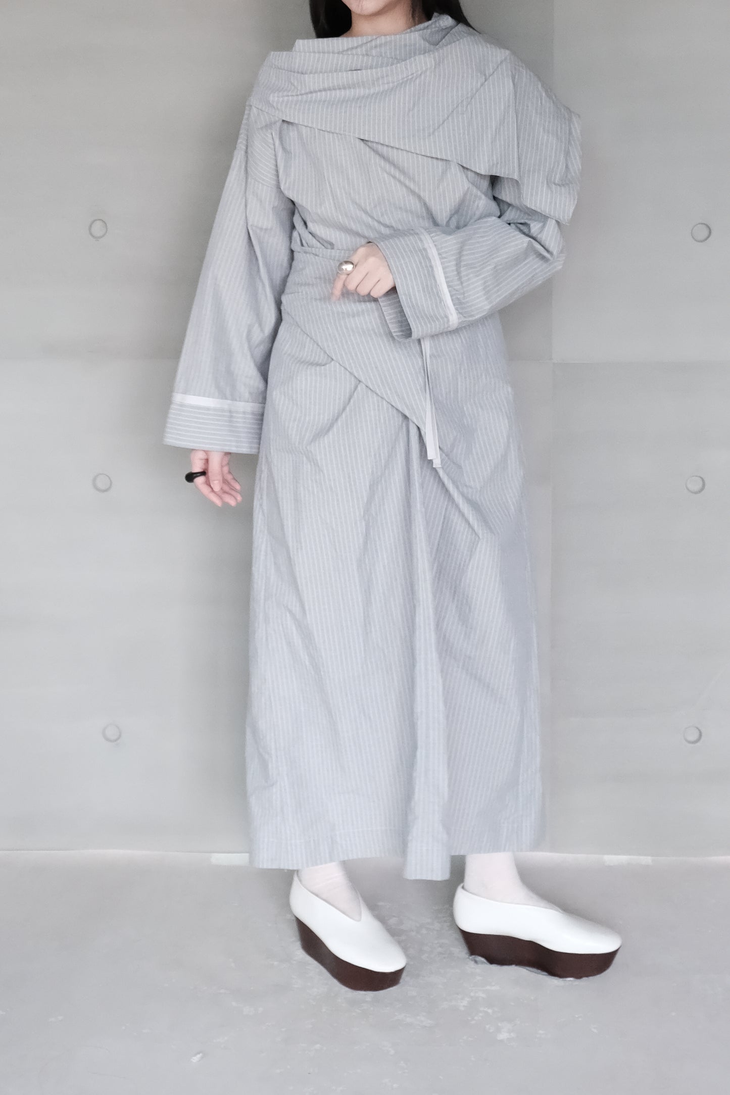 blue striped canvas wrapped dress (in-stock)