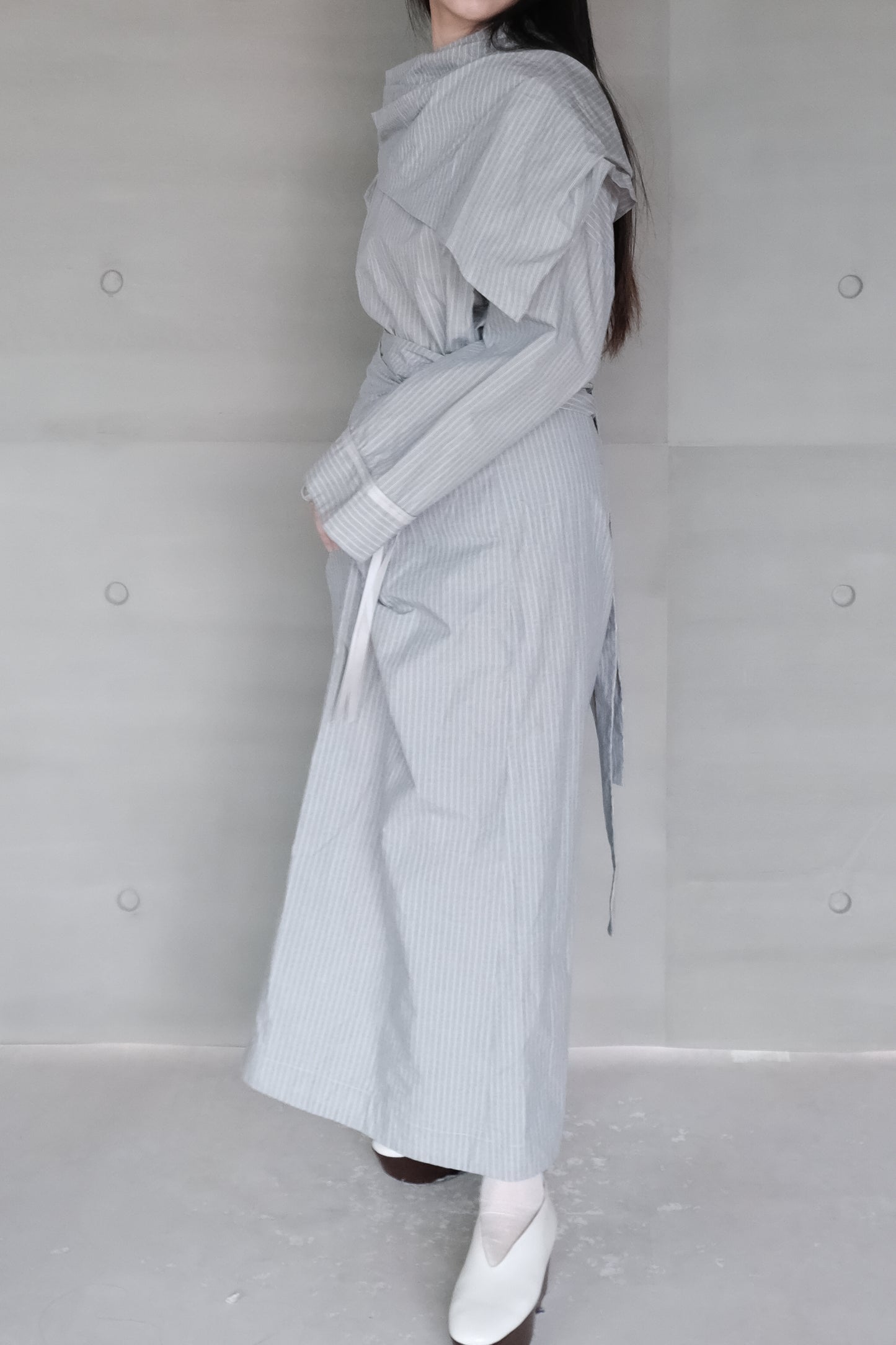 blue striped canvas wrapped dress (in-stock)