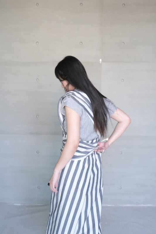 one shoulder linen-cotton wrapped skirt （in-stock)