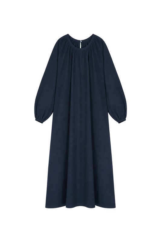 long-sleeve backless cotton-linen navy dress (in-stock)