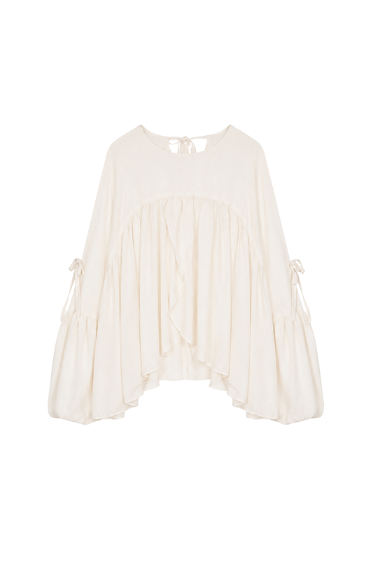 wide sleeved with gathering double layers top - beige (in-stock)