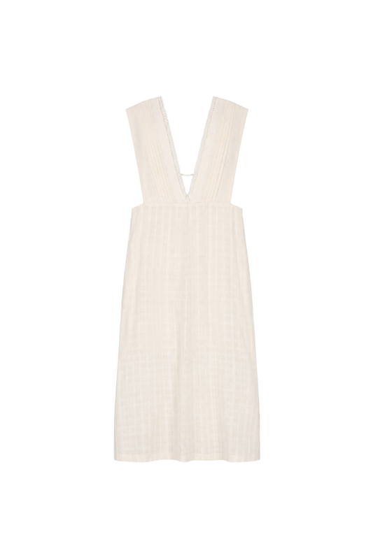 beige lace tuck ramie linen dress（in-stock)