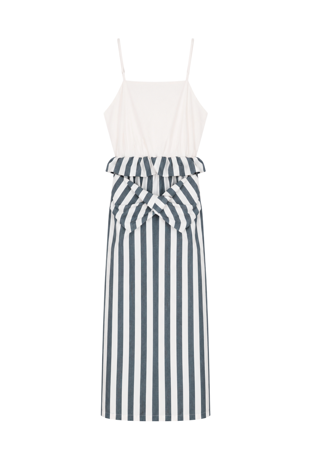 asymmetric folded layer strap dress - blue & beige stripe （in-stock)