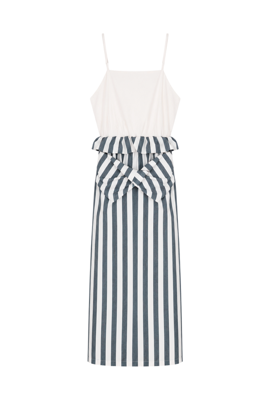asymmetric folded layer strap dress - blue & beige stripe （in-stock)